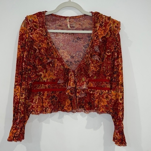 Free People Red Rudi Ruffle Long sleeves Bohemian top size Small - Picture 3 of 16